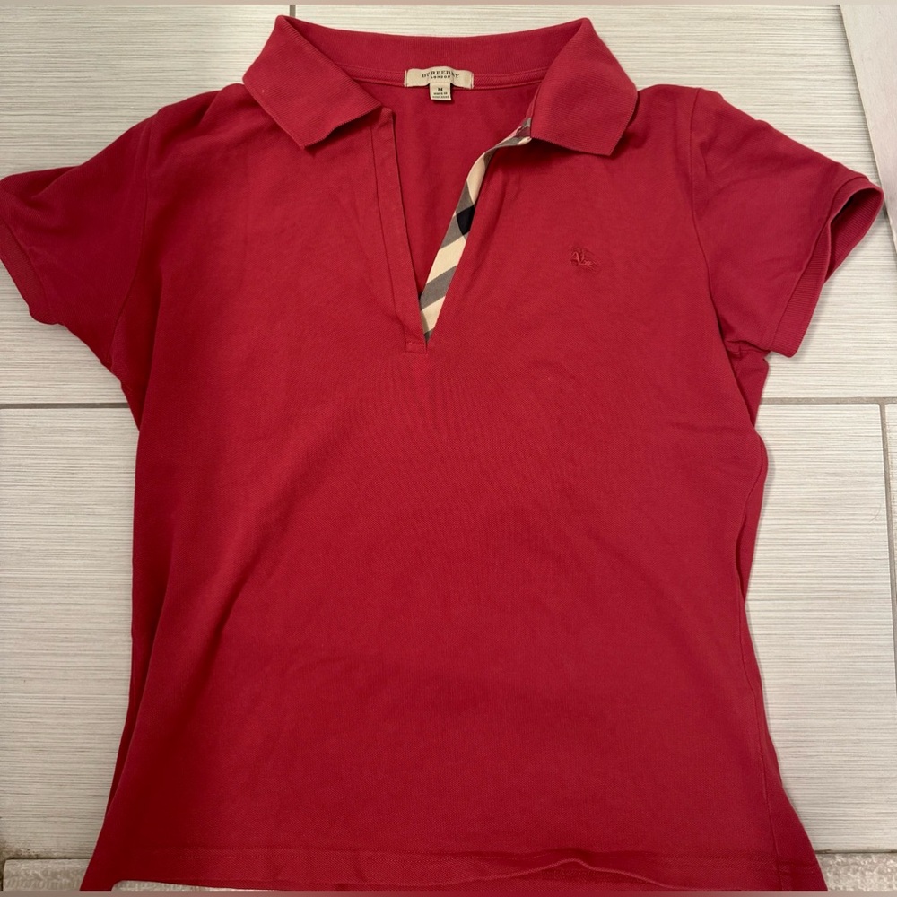 Vintage Red Burberry London Women’s Polo Shirt. Size Medium